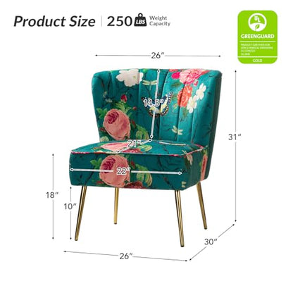 Accent Chair with Golden Metal Legs, Comfy Tufted Wingback Living Room Chair Floral Fabric Small Armless Side Chair, Upholstered Slipper Chair for Bedroom, Reading Room (Flower Print&BLUE)