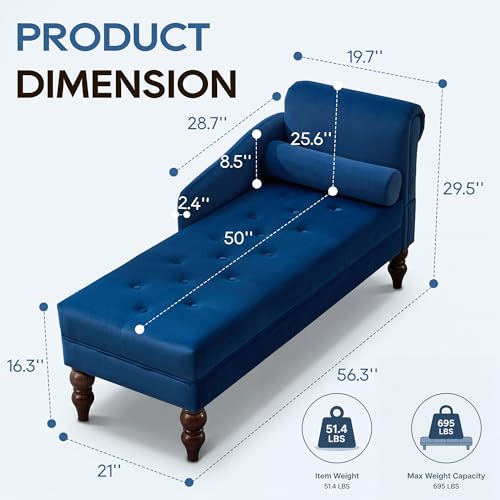 Chaise Lounge Chair Indoor with Right Armrest, Velvet, Blue, view 3