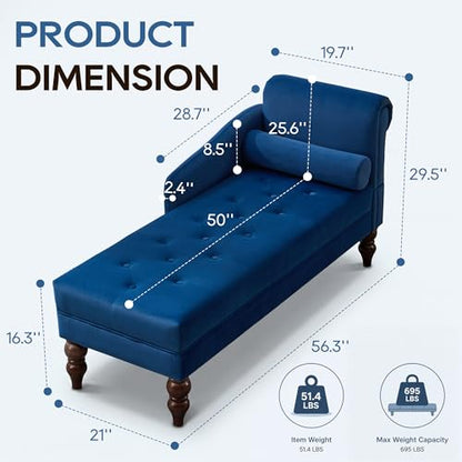 Chaise Lounge Chair Indoor with Right Armrest, Velvet, Blue, view 3