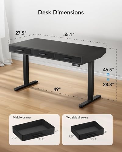 Electric Standing Desk with Drawers, C-Clamp Mount Compatible, 55 x 28 Inch Height Adjustable Sit Stand Desk, Fabric Drawers, Home Office Stand Up Desk with 4 Custom Height Settings, Black