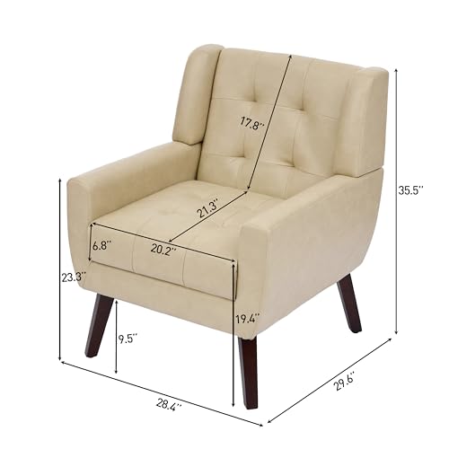 Faux Leather Accent Chair, Modern Upholstered Club Arm Chair for Living Room, Comfy Armchair Single Sofa Seat with Solid Wooden Legs (Cream)