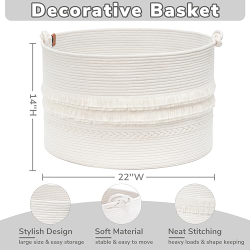Large Blanket Basket Living Room, Laundry Basket With Tassel, 90L | Storage Basket for Toys, Clothes & Pillows Storage，Cotton Rope, Laundry Hamper With Handles,Fits Bedroom Nursery Décor, White