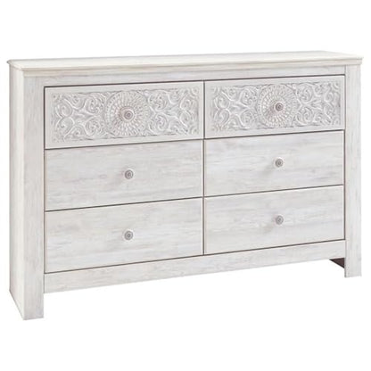 Signature Design by Ashley Paxberry Boho 6 Drawer Dresser, Smooth-gliding Faux Laminate Lined Drawers, Wood, 61.26" W x 15.83" D x 40" H, Whitewash
