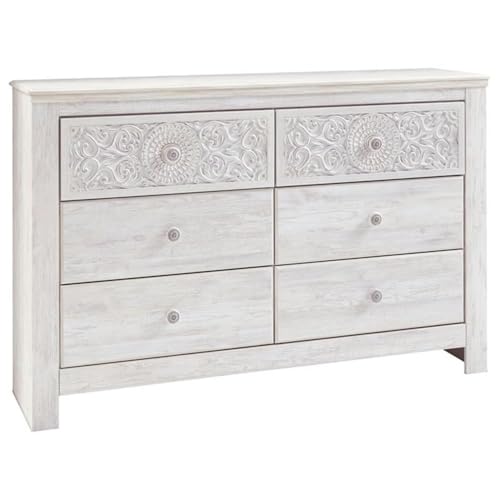 Signature Design by Ashley Paxberry Boho 6 Drawer Dresser, Smooth-gliding Faux Laminate Lined Drawers, Wood, 61.26" W x 15.83" D x 40" H, Whitewash
