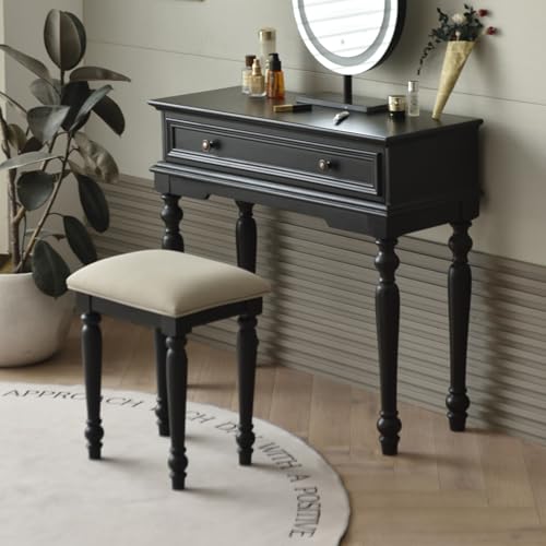American Style Dressing Table and Chair Set Small Apartment with Drawers for Girls Women(Black)