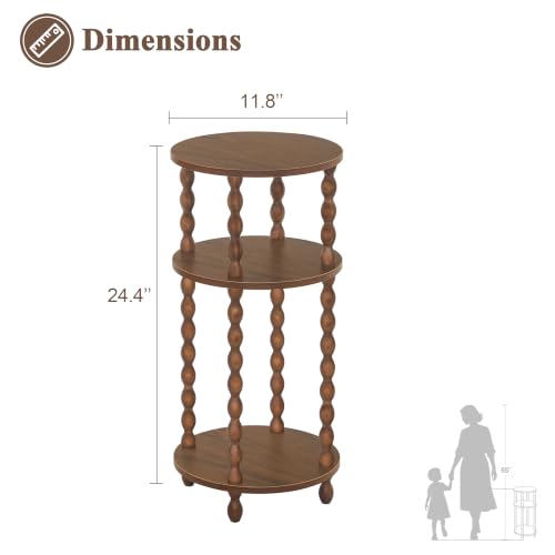 Small Round End Table, Round Side Table with 3-Tier Open Shelf for Small Spaces, Wood Accent Table Nightstand for Bedroom, Living Room, Office, Walnut Brown