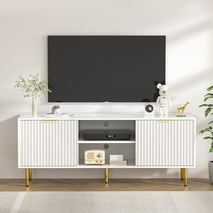 58'' Fluted TV Stand, Mid-Century Modern TV Console for 65/70/75 Inch TV, Wood Entertainment Center with Storage, Sliding Doors, Adjustable Shelves and Media Console for Living Room, Bedroom, White