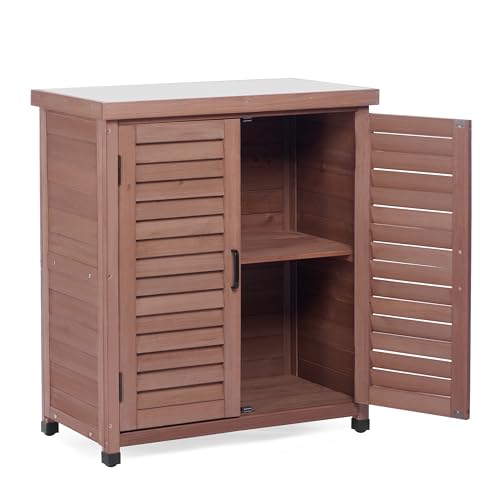 Outdoor Storage Cabinet with Metal Tabletop, Cedar Wood Garden Workstation | Metal Work Surface，Ample Storage Capacity，Natural Wood Construction，Garden Tool Organization，Patio & Garden Furniture