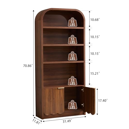 70" Tall Arched Bookshelf with Storage Cabinet, Modern 4-Tier Wood Bookcase with Scalloped Doors & Gold Handles, Open Display Shelves for Living Room, Bedroom, or Home Study Office (Walnut)