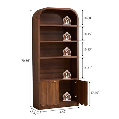70" Tall Arched Bookshelf with Storage Cabinet, Modern 4-Tier Wood Bookcase with Scalloped Doors & Gold Handles, Open Display Shelves for Living Room, Bedroom, or Home Study Office (Walnut)