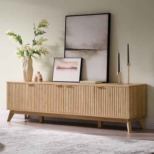 70" Mid Century Modern Fluted TV Stand,4-Door Storage, Natural Oak, view 2