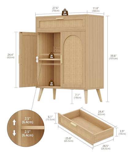 Rattan Sideboard Buffet Cabinet with Storage, Boho Sideboard with Drawer & Adjustable Shelf, Kitchen Floor Cabinet with 2 Doors & Solid Wood Feet, Coffee Bar for Entryway, Living Room, Natural Oak