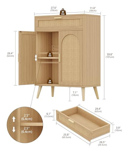 Rattan Sideboard Buffet Cabinet with Storage, Boho Sideboard with Drawer & Adjustable Shelf, Kitchen Floor Cabinet with 2 Doors & Solid Wood Feet, Coffee Bar for Entryway, Living Room, Natural Oak
