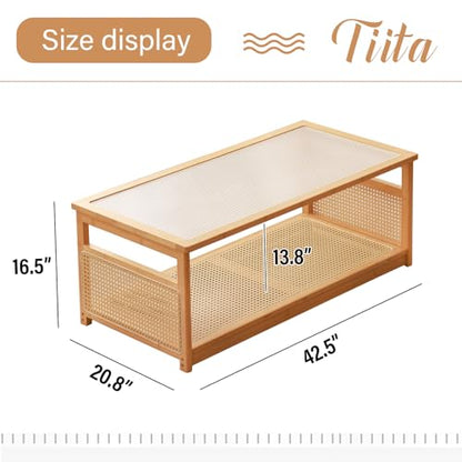 Coffee Tables for Living Room，Mid Century Modern Storage 2-Tier Coffee Tables，Rattan Glass RectangleTables，Suitable for Living Room Apartment，Wood