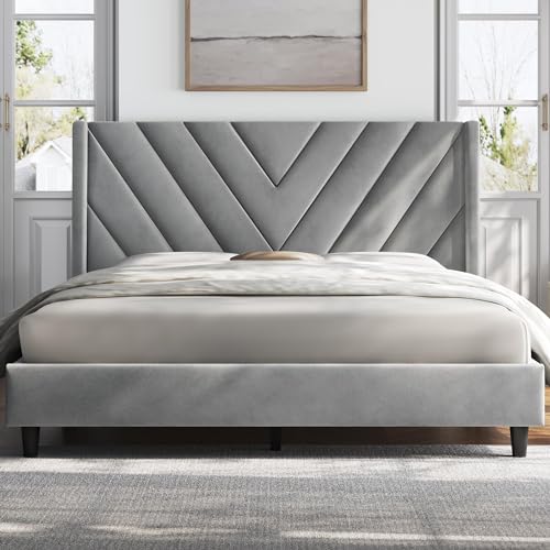 Queen Bed Frame with Chevron Channel-Tufted Headboard, Light Gray, view 2