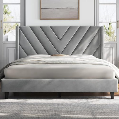 Queen Bed Frame with Chevron Channel-Tufted Headboard, Light Gray, view 2