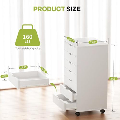 7 Drawer Chest, Storage Cabinet Dressers with Wheels, Dressers Storage Cabinets, Dresser Mobile Cabinet with Wheels, Room Organizer, Small Drawers Wood Organization Furniture for Office, Home, White