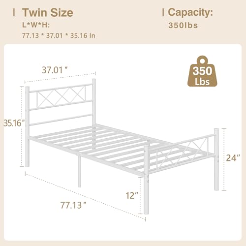 Twin Size Bed Frame with Headboard, Heavy Duty Bedframe with Strong Metal Slats, view 3