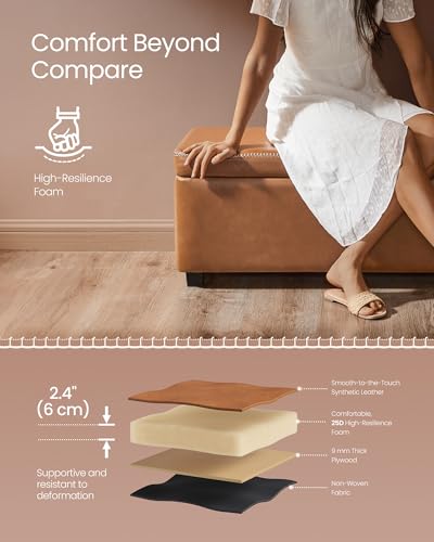 VASAGLE EKHO Collection - Storage Ottoman Bench, Entryway Bedroom Bench, 25 Gallons, Synthetic Leather with Stitching, Mid-Century Modern, Safety Hinges, Loads 660 lb, Caramel Brown ULOM075K01