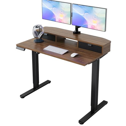 40 x 24 inch Small Electric Standing Desk with 2 Drawers, C-Clamp Mount Compatible, Height Adjustable Sit Stand Desk, Home Office Stand Up Desk with 4 Memory Height Settings, Walnut