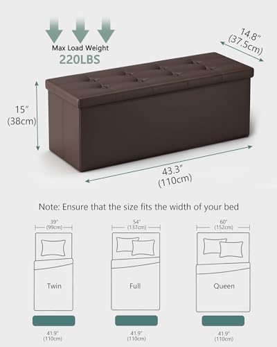43" Storage Ottoman Bench, Folding Faux Leather Chest, Brown | Stroage Box with 2 Dividers, Foot Rest Stool, Padded Seat for Bedroom, Entryway, Living Room