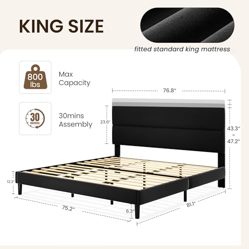 King Size Platform Bed Frame with Velvet Headboard, view 3