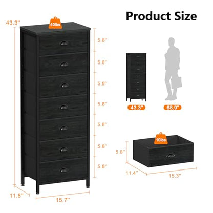 Black Bedroom Dresser, Tall Chests of Drawers with 7 Fabric Bins, view 4