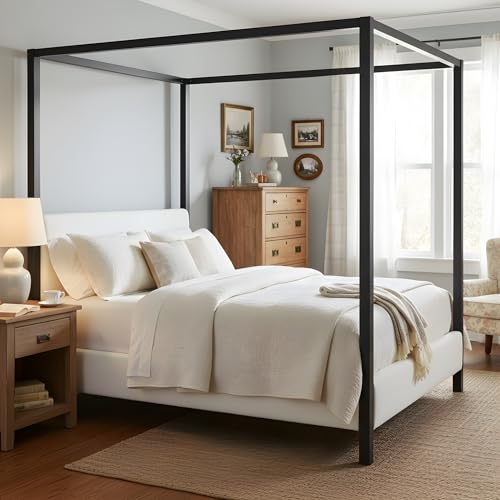 LUMISOL Queen Size Metal Canopy Bed with Upholstered Headboard, view 5