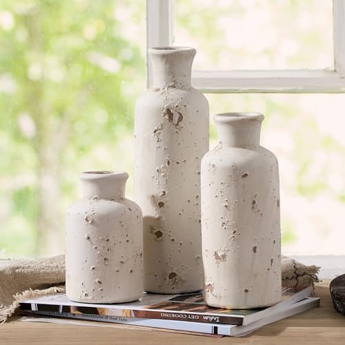 Ceramic Rustic Farmhouse Vase Set of 3, Whitewashed Terracotta Vase, Clay Decorative Vases for Home Decor, Living Room, Shelf, Mantel Decoration(Rustic White)