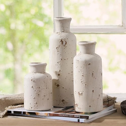 Ceramic Rustic Farmhouse Vase Set of 3, Whitewashed Terracotta Vase, Clay Decorative Vases for Home Decor, Living Room, Shelf, Mantel Decoration(Rustic White)