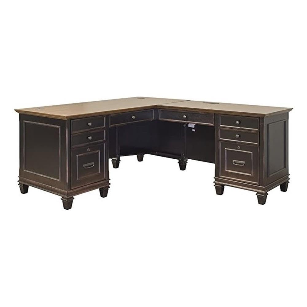 Hartford Modern Pedestal L-Shaped Wood Desk with 8 Drawers (2 Drop-Front