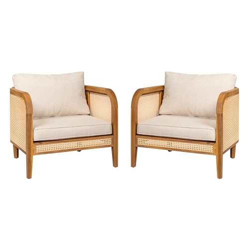 Set of 2 Tilden Bohemian Acacia Wood Patio Accent Chairs, Wicker Lounge Chair Outdoor, Patio Furniture Single Sofa with Cushion, Comfy Garden Reading Chair, Teak+Beige