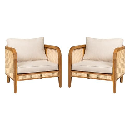 Set of 2 Tilden Bohemian Acacia Wood Patio Accent Chairs, Wicker Lounge Chair Outdoor, Patio Furniture Single Sofa with Cushion, Comfy Garden Reading Chair, Teak+Beige