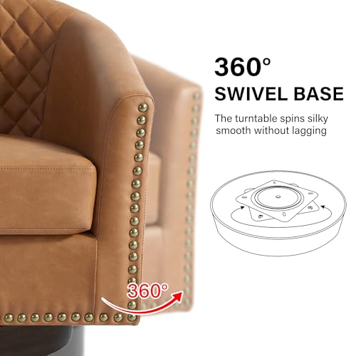 Swivel Barrel Accent Chair, Comfy Modern Upholstered Round Faux Leather Arm Chair for Living Room, Bedroom（Coffee, Set of 2
