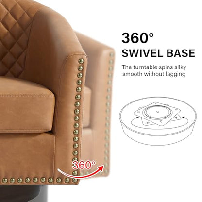 Swivel Barrel Accent Chair, Comfy Modern Upholstered Round Faux Leather Arm Chair for Living Room, Bedroom（Coffee, Set of 2