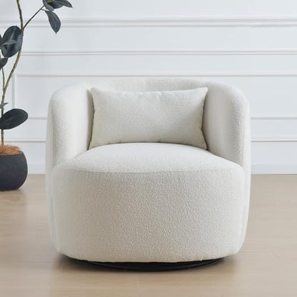 34" Wide Sherpa Swivel Barrel Chair, No Assembly Round Boucle Upholstered Accent Chair Armchair Single Sofa Chair with Toss Pillow for Living Room and Bedroom, Beige