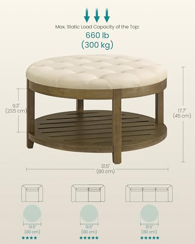 SONGMICS Storage Ottoman with Solid Wood Frame, Round Upholstered Ottoman Coffee Table, Footrest, Tufted Cushion, for Living Room, Easy Assembly, 31.5 x 31.5 x 17.7 Inches, Summer Sand ULSF053LF01
