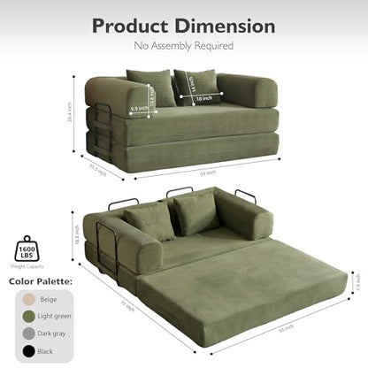 59in Convertible Sofa Bed, Corduroy Boneless Couch Bed, Futon Sleeper Sofa Pull Out Bed, Foldable Couch for Living Room Apartment, No Assembly Required