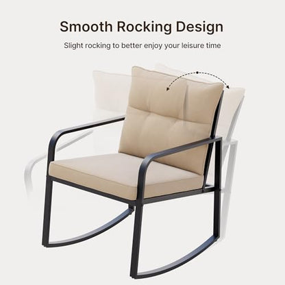 3 Piece Rocking Bistro Set, Black Steel Patio Furniture, Porch Chairs Conversation Set with Glass Coffee Table, Back Cushion, for Balcony, Garden, Pool, Backyard, Beige