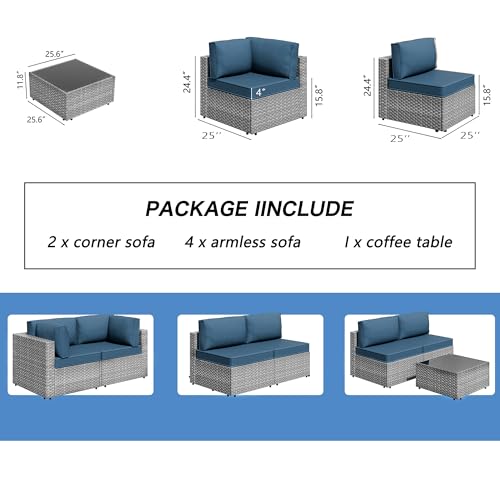 7 Piece Outdoor Patio Furniture Set,Silver PE Rattan Wicker Sectional Sofa, All Weather Conversation Set with Washable Cushions & Glass Coffee Table for Backyard Poolside Garden Porch,Navy Blue