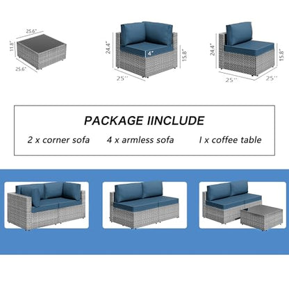 7 Piece Outdoor Patio Furniture Set,Silver PE Rattan Wicker Sectional Sofa, All Weather Conversation Set with Washable Cushions & Glass Coffee Table for Backyard Poolside Garden Porch,Navy Blue