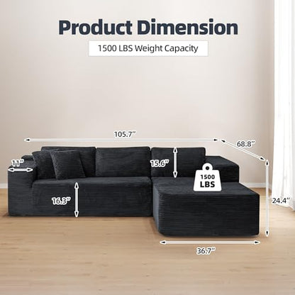 106" Cloud Sectional Couch with Chaise Lounge, L-Shape Modular Sectional Boneless Sofa with Deep Seat, Upholstered Couches for Living Room Bedroom, No Assemble, Black (Plush Corduroy Fabric)