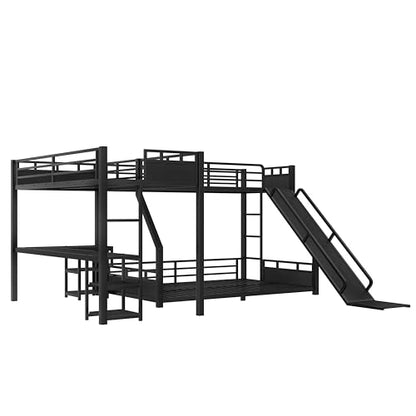 JIVOIT Triple Bunk Bed with Slide & Desk, Storage Shelves, L-Shaped Metal Bunk Bed with Loft Bed, Space-Saving Twin XL Over Queen Metal Triple Bed, Quiet Design, No Box Spring Required