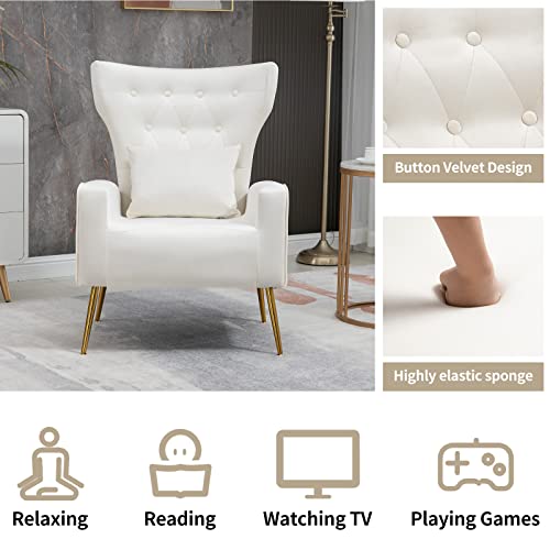Button-Tufted Living Room Chairs, WingBack Velvet Accent Chair Armchair with Lumbar Pillow, Bedroom Chairs Arm Chair with Golden Legs, Cream