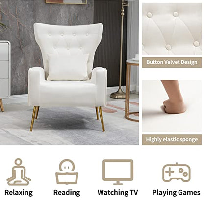 Button-Tufted Living Room Chairs, WingBack Velvet Accent Chair Armchair with Lumbar Pillow, Bedroom Chairs Arm Chair with Golden Legs, Cream