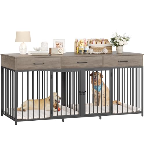 Double Dog Crate, 71" W Indoor Dog Kennel Furniture for 2 Dog, Grey, view 2