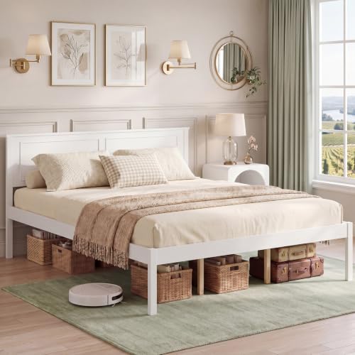 Queen Size Bed Frame, Farmhouse Wooden Platform Bed with Headboard, view 4