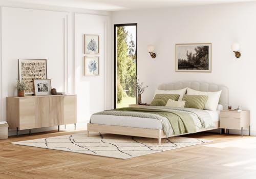 3 Pieces Bedroom Set, Fluted Storage Cabinet and Set of 2 Night Stands with Charging Station for Bedroom, Wood Dresser and Nightstand Set of 2, Wide Storage Organizer Cabinet for Bedroom, Beige