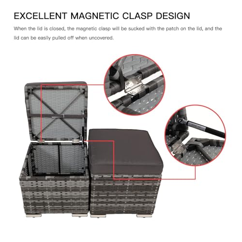 2-Piece Wicker Storage Ottomans for Outdoor Patio & Backyard, Removable Cushions, All-Weather Steel Frame, Side Table/Footrest, 200lb Capacity – Durable Furniture for Homeowners (Grey)
