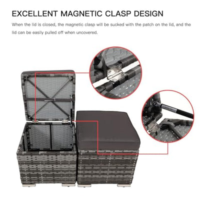 2-Piece Wicker Storage Ottomans for Outdoor Patio & Backyard, Removable Cushions, All-Weather Steel Frame, Side Table/Footrest, 200lb Capacity – Durable Furniture for Homeowners (Grey)